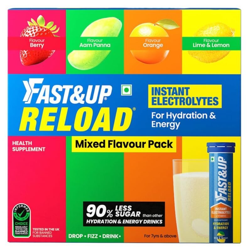 Fast&Up Reload (20 Liters) - (Berry, Aam Panna, Orange, Lime & Lemon)- Low Sugar energy drink for Instant Hydration