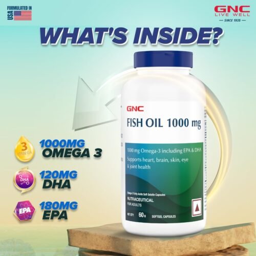 GNC 1000 Mg Omega 3 Fish Oil for Men & Women 60 Softgels Omega 3 with 180 mg EPA & 120 mg DHA Promotes Joint Health