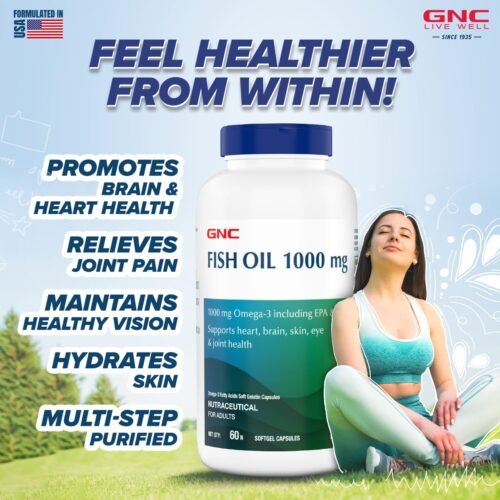 GNC 1000 Mg Omega 3 Fish Oil for Men & Women 60 Softgels Omega 3 with 180 mg EPA & 120 mg DHA Promotes Joint Health