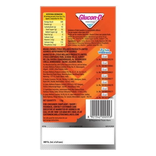 Glucon-D Tangy Orange Glucose Powder (1kg, Refill) Tasty Orange Flavoured Glucose Drink Provides Instant Energy