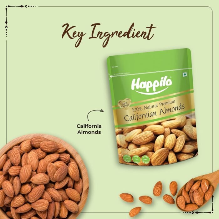 Happilo 100% Natural Premium California Dried Almonds 500g Pack Pouch Premium Badam Giri High in Fiber & Boost Immunity Real Nuts