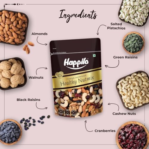 Happilo Premium International Healthy Nutmix 200g, Dried Almonds, Black Raisins, Cashewnuts, Cranberries, Green Raisins, Pistachio Kernels & Walnut Kernels2