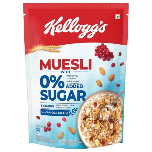 Kellogg's Muesli 0% Added Sugar 500g 20% Almonds & Raisins 5 Grains, High in Vitamins B1, B2, B3, B6, Folate, Source of Protein and Fibre