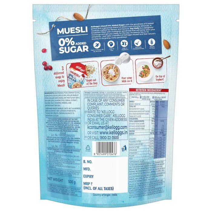 Kellogg's Muesli 0% Added Sugar 500g 20% Almonds & Raisins 5 Grains, High in Vitamins B1, B2, B3, B6, Folate, Source of Protein and Fibre