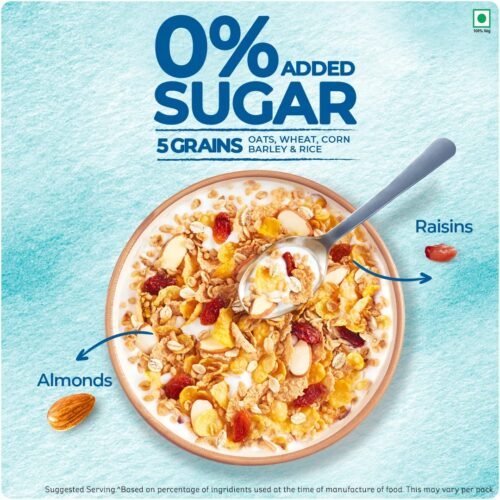 Kellogg's Muesli 0% Added Sugar 500g 20% Almonds & Raisins 5 Grains, High in Vitamins B1, B2, B3, B6, Folate, Source of Protein and Fibre