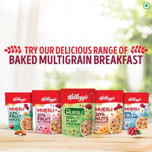 Kellogg's Muesli 0% Added Sugar 500g 20% Almonds & Raisins 5 Grains, High in Vitamins B1, B2, B3, B6, Folate, Source of Protein and Fibre
