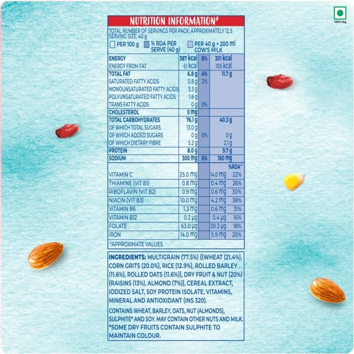 Kellogg's Muesli 0% Added Sugar 500g 20% Almonds & Raisins 5 Grains, High in Vitamins B1, B2, B3, B6, Folate, Source of Protein and Fibre
