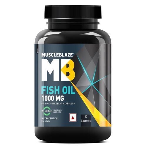 MuscleBlaze Omega 3 Fish Oil, 60 Capsules Trustified Certified for Accuracy & Purity, 1000mg Omega 3 with 180mg EPA & 120mg DHA