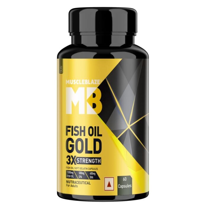 MuscleBlaze Omega 3 Fish Oil Gold, 1300mg Omega 3 with 500mg EPA & 400mg DHA, 3x Triple Strength Formula, No Fishy Aftertaste, 60 Omega 3 Fish Oil Capsules