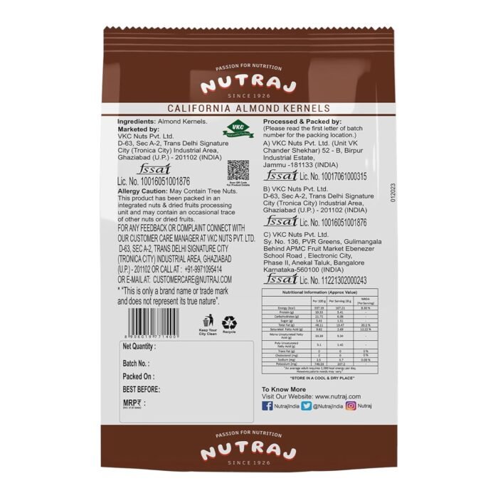 Nutraj California Almonds (Badam Giri) 500g Pouch - Whole