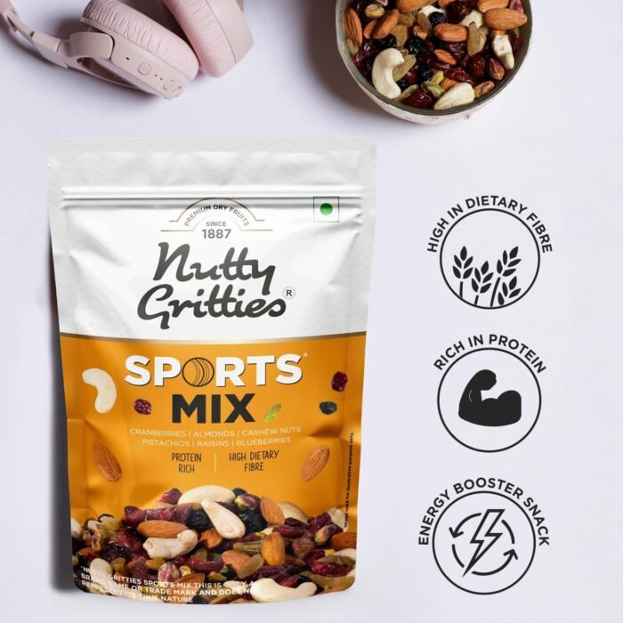 Nutty Gritties Premium Sports Mixed Nuts and Dry Fruit 200g - Roasted Almonds, Cashews, Pistachios, Dried Blueberries, Cranberries and Raisins, Healthy.5