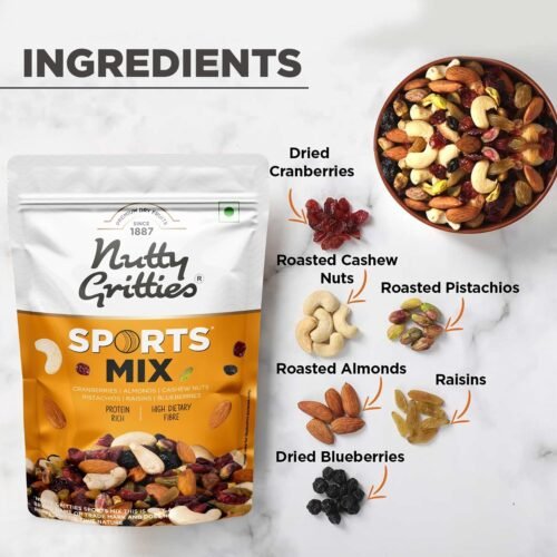 Nutty Gritties Premium Sports Mixed Nuts and Dry Fruit 200g - Roasted Almonds, Cashews, Pistachios, Dried Blueberries, Cranberries and Raisins, Healthy.5