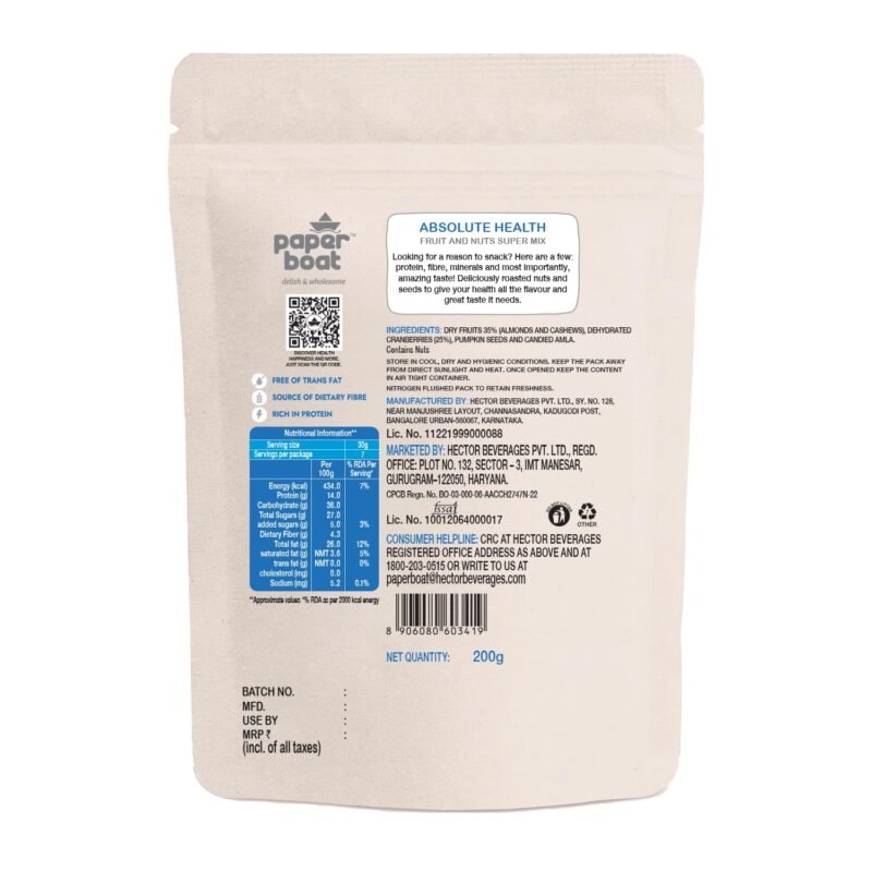 Paper Boat Absolute Health, Premium Fruit, Nut & Fiber SuperMix, Healthy Mixed Nuts with Dry Fruits Almonds Cashews Cranberry Pumpkin Seeds