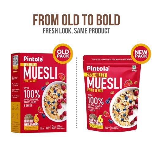 Pintola Fruit & Nut Muesli with 28% Millet & 68% Wholegrains (350g), Healthy-Fruity Breakfast cereal with 6 nuts