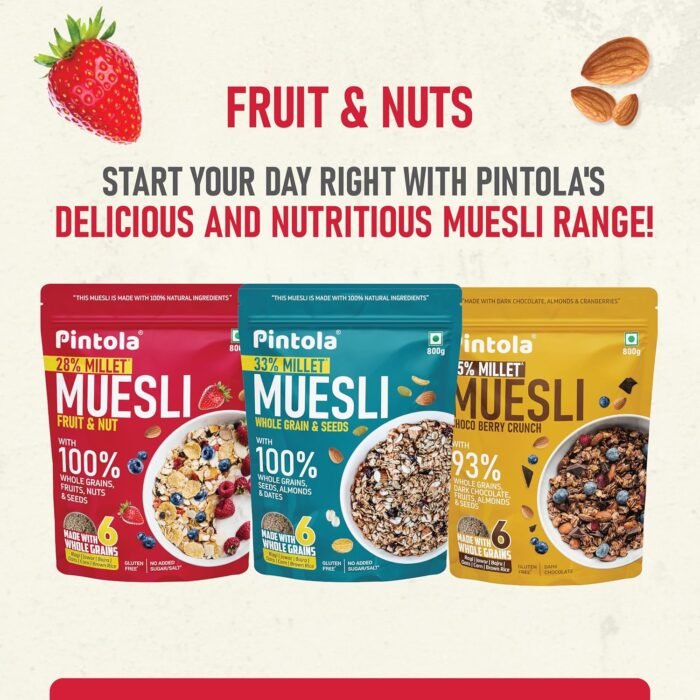 Pintola Fruit & Nut Muesli with 28% Millet & 68% Wholegrains (350g), Healthy-Fruity Breakfast cereal with 6 nuts