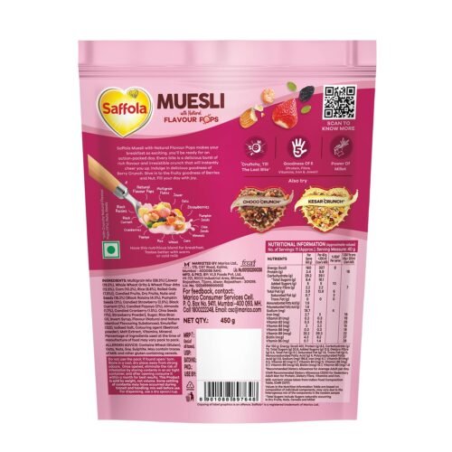 Saffola Muesli Berry Crunch with Flavour Pops, 450 gm 15 in 1 Fruit and Nuts, Seeds, Millet & more