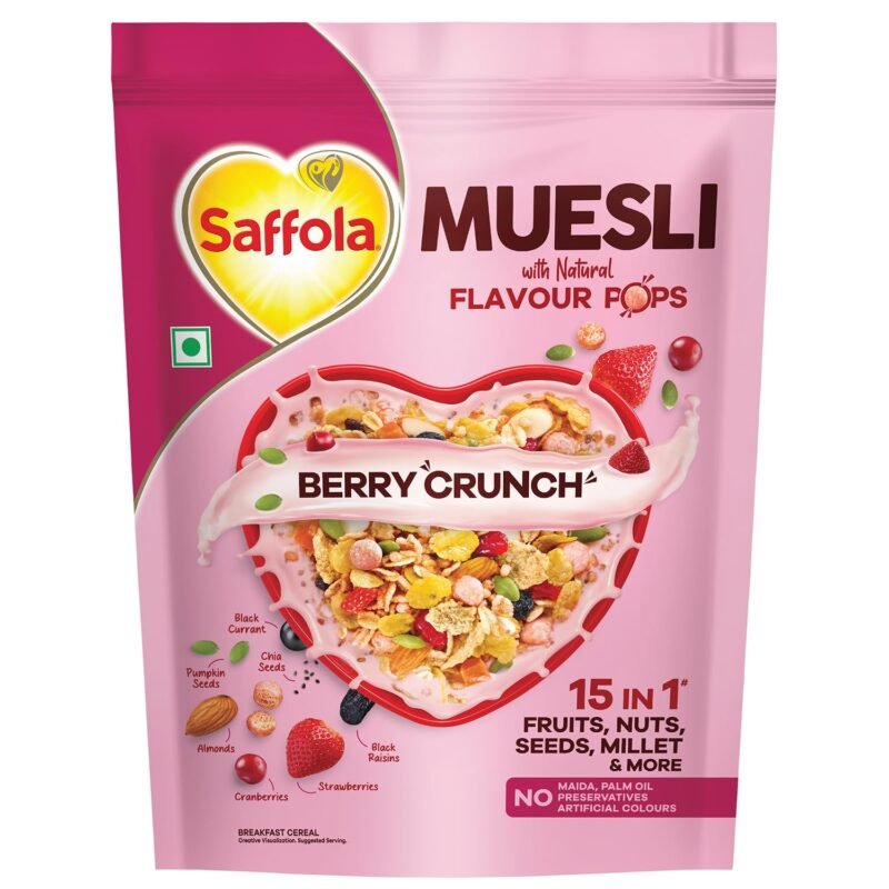 Saffola Muesli Berry Crunch with Flavour Pops, 450 gm 15 in 1 Fruit and Nuts, Seeds, Millet & more