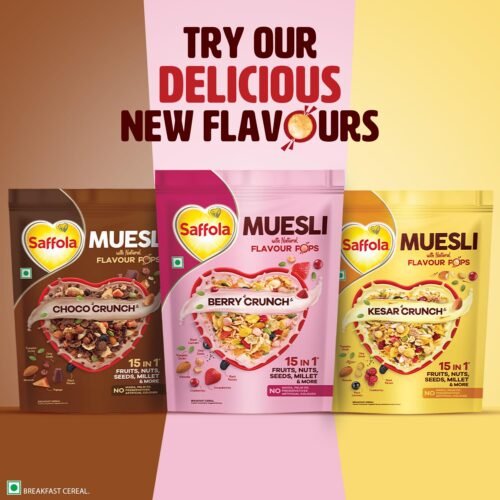 Saffola Muesli Berry Crunch with Flavour Pops, 450 gm 15 in 1 Fruit and Nuts, Seeds, Millet & more