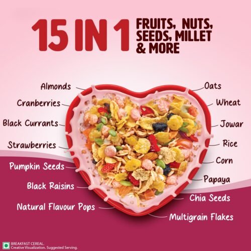 Saffola Muesli Berry Crunch with Flavour Pops, 450 gm 15 in 1 Fruit and Nuts, Seeds, Millet & more