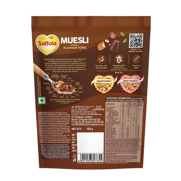 Saffola Muesli Choco Crunch with Flavour Pops, 450 gm 15 in 1 Fruit and Nuts, Seeds, Millet & more Cereals for breakfast with wholegrain, protein