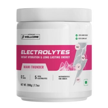 Wellcore - Electrolytes (Miami Thunder, 200g) Electrolyte Drink With 5 Vital Electrolytes Na, Mg, Ca, K, PO4 Sugar Free Electrolyte Powder