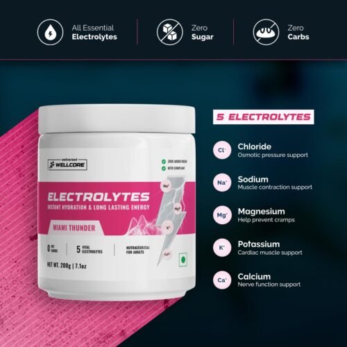 Wellcore - Electrolytes (Miami Thunder, 200g) Electrolyte Drink With 5 Vital Electrolytes Na, Mg, Ca, K, PO4 Sugar Free Electrolyte Powder