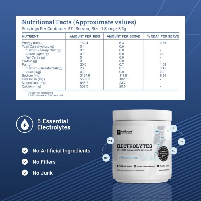 Wellcore - Electrolytes (Unflavoured, 2X200g) Electrolyte Drink With 5 Vital Electrolytes