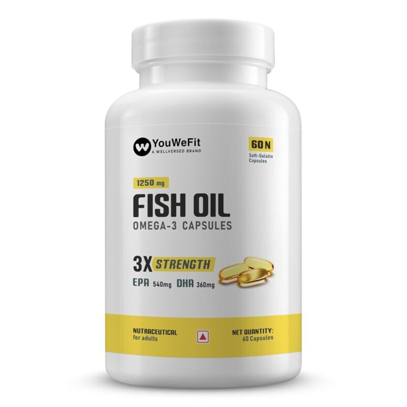 YouWeFit Omega-3 Fish Oil (60 capsules) 1250mg Triple Strength Fish Oil Capsules (540mg EPA & 360mg DHA) No Fishy Burps