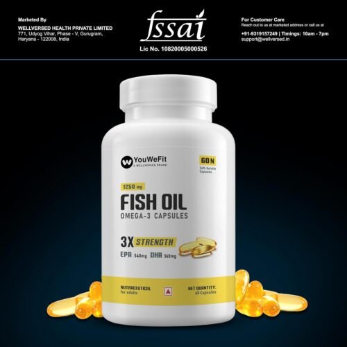 YouWeFit Omega-3 Fish Oil (60 capsules) 1250mg Triple Strength Fish Oil Capsules (540mg EPA & 360mg DHA) No Fishy Burps