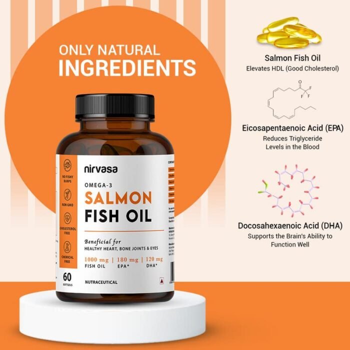 Nirvasa Omega 3 Salmon Fish Oil Capsules for Men & Women |1000mg Omega 3 with 180 mg EPA & 120 mg DHA |No Fishy Burps