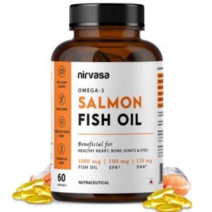 Nirvasa Omega 3 Salmon Fish Oil Capsules for Men & Women |1000mg Omega 3 with 180 mg EPA & 120 mg DHA |No Fishy Burps