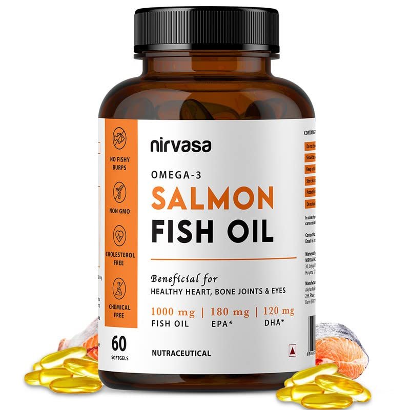 Nirvasa Omega 3 Salmon Fish Oil Capsules for Men & Women |1000mg Omega 3 with 180 mg EPA & 120 mg DHA |No Fishy Burps