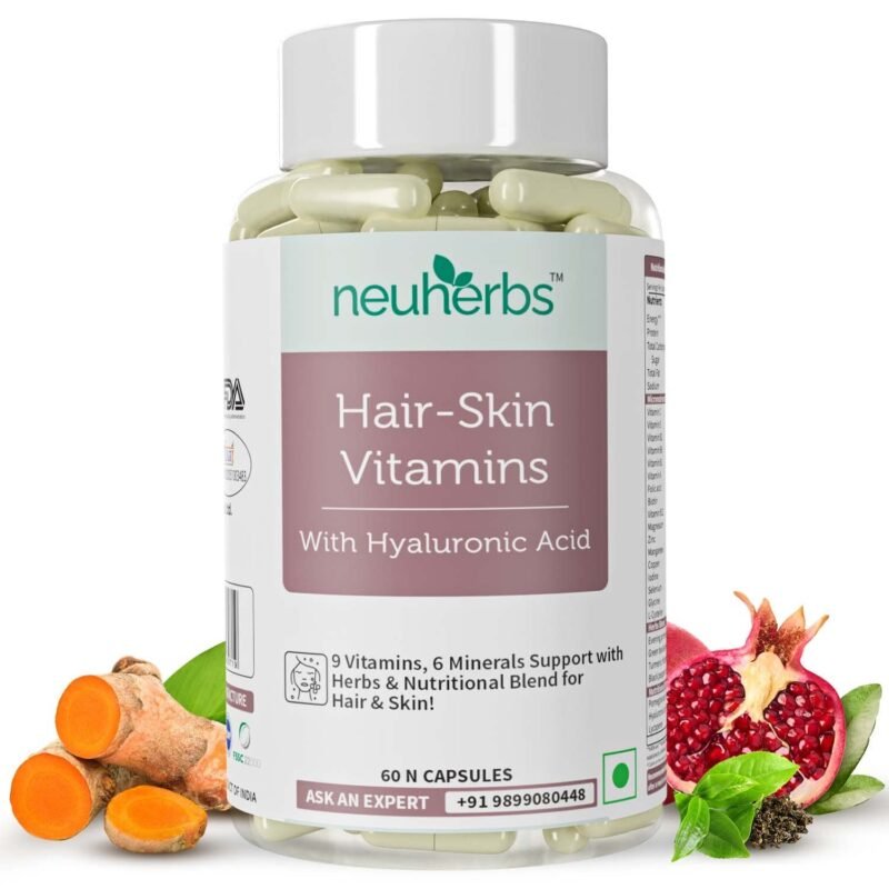 Neuherbs Hair Skin Vitamins Supplement with Hyaluronic Acid, Biotin, Keratin booster for hair growth, Turmeric, Primrose Oil & Collagen Supporter- 60 Capsules for Men and Women