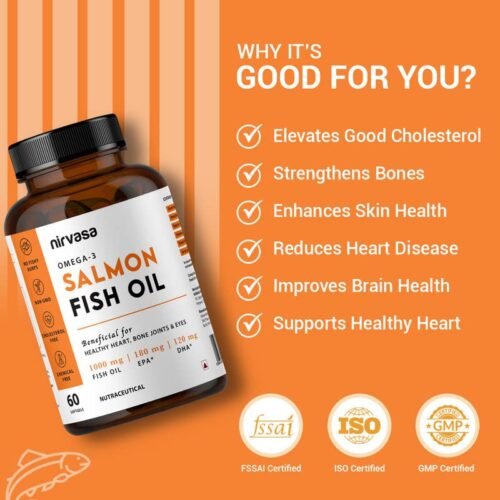 Nirvasa Omega 3 Salmon Fish Oil Capsules for Men & Women |1000mg Omega 3 with 180 mg EPA & 120 mg DHA |No Fishy Burps