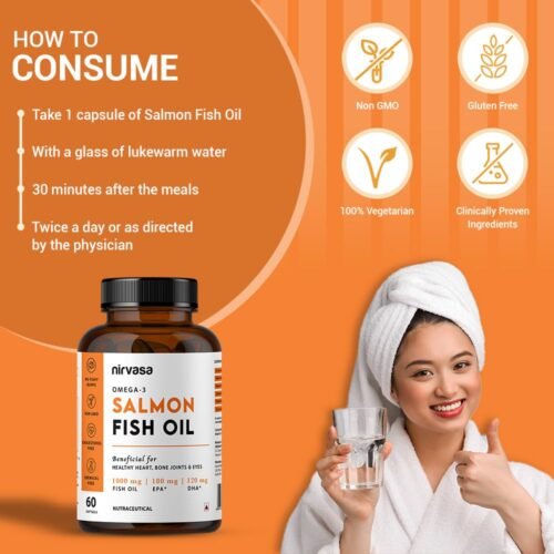 Nirvasa Omega 3 Salmon Fish Oil Capsules for Men & Women |1000mg Omega 3 with 180 mg EPA & 120 mg DHA |No Fishy Burps