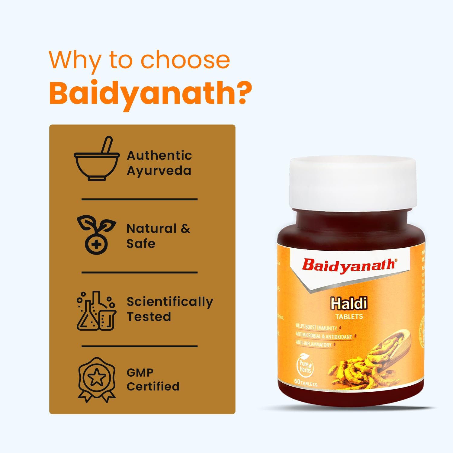 61vCqf05GaL._SL1500_ Baidyanath Turmeric Tablets with Natural Haldi Extract (60TB) Pack of 1 - Helps Boost Immunity, Blood Cleansing, Skin Problems, Strengthen Digestion