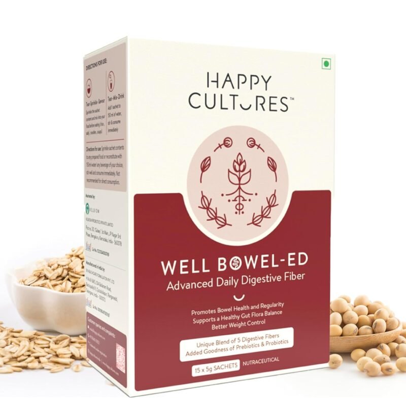 VELBIOM Happy Cultures Well Bowel-Ed Advanced Unique Blend Of 5 Digestive Fiber Probiotics For Bowel Health Reduce Constipation Gas Bloating Weight Control, Unflavored - 15 Sachets (Pack Of 1)