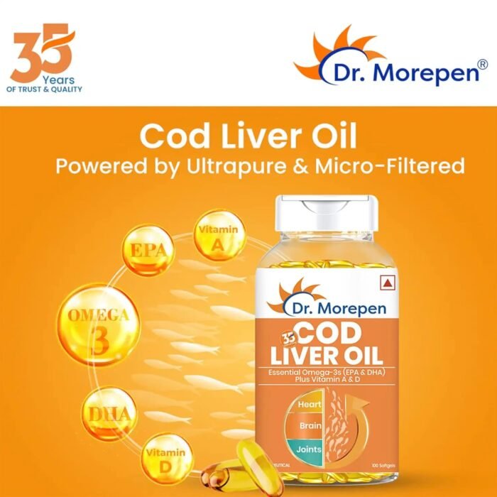 Dr.Morepen COD Liver Oil Capsules | Finest Natural Omega 3, EPA & DHA | Pack of 100 Softgels