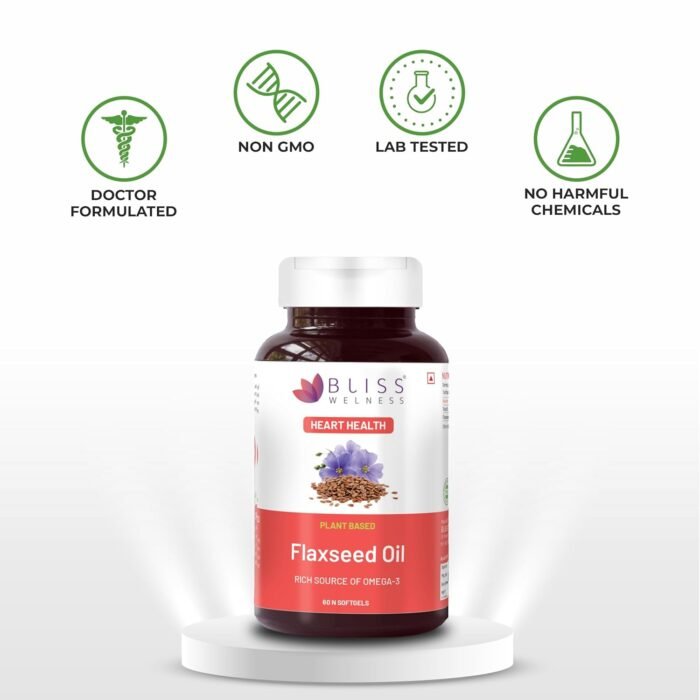 Bliss Welness Organic Flaxseed Oil 2000mg | Extra Virgin Cold Pressed Omega 3 6 9 Oil | Hair Skin Heart Brain Eye Skin Joint Immune Health Supplement - 60 Softgel Capsules