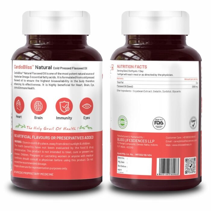 Bliss Welness Organic Flaxseed Oil 2000mg | Extra Virgin Cold Pressed Omega 3 6 9 Oil | Hair Skin Heart Brain Eye Skin Joint Immune Health Supplement - 60 Softgel Capsules