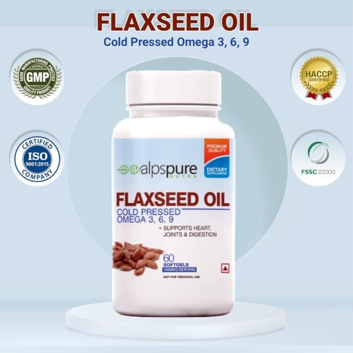 Alpspure Nutra Flaxseed Oil 1000Mg Omega 3-6-9 (60 Softgel Capsules) Cold Pressed Natural Omega 3,6,9 Supplement Promotes Healthy Heart, Joints