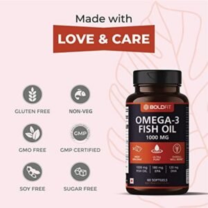 Boldfit Omega 3 Fish Oil 1000mg supplements, Supports Heart, Brain, Joints & Skin with EPA 180 mg & DHA 120 mg for men and women