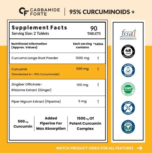 Carbamide Forte Curcumin with Piperine Tablets with 95% Curcuminoids Immunity Boosters Tablet for Adults with Curcuma Longa