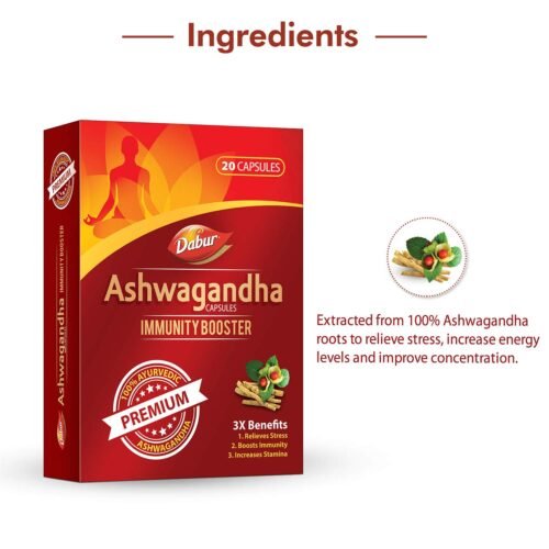 Dabur Ashwagandha Capsules Immunity Booster - 20 Capsules 100% Ayurvedic Relieves Stress & Increases Stamina