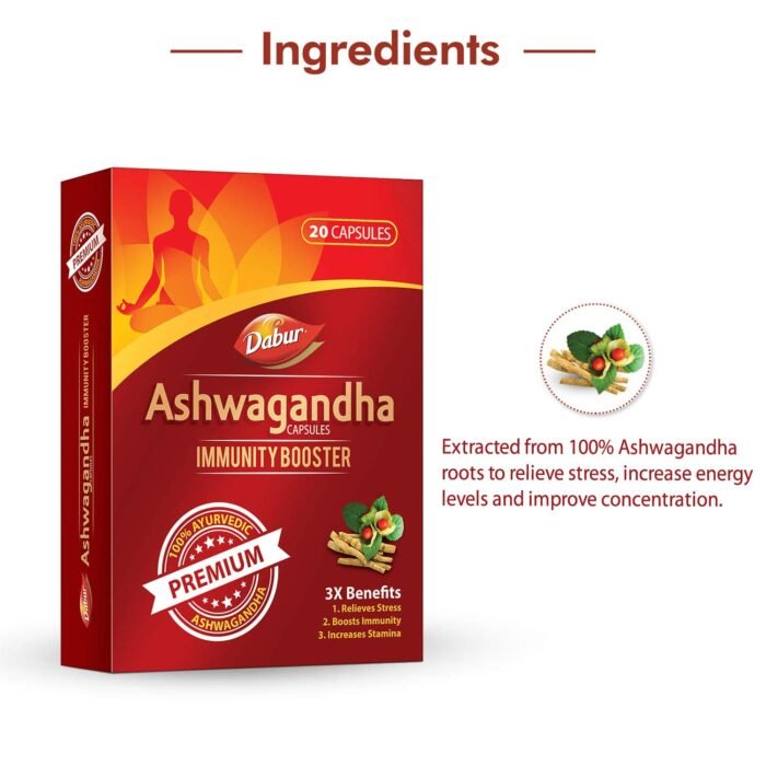 Dabur Ashwagandha Capsules Immunity Booster - 20 Capsules 100% Ayurvedic Relieves Stress & Increases Stamina