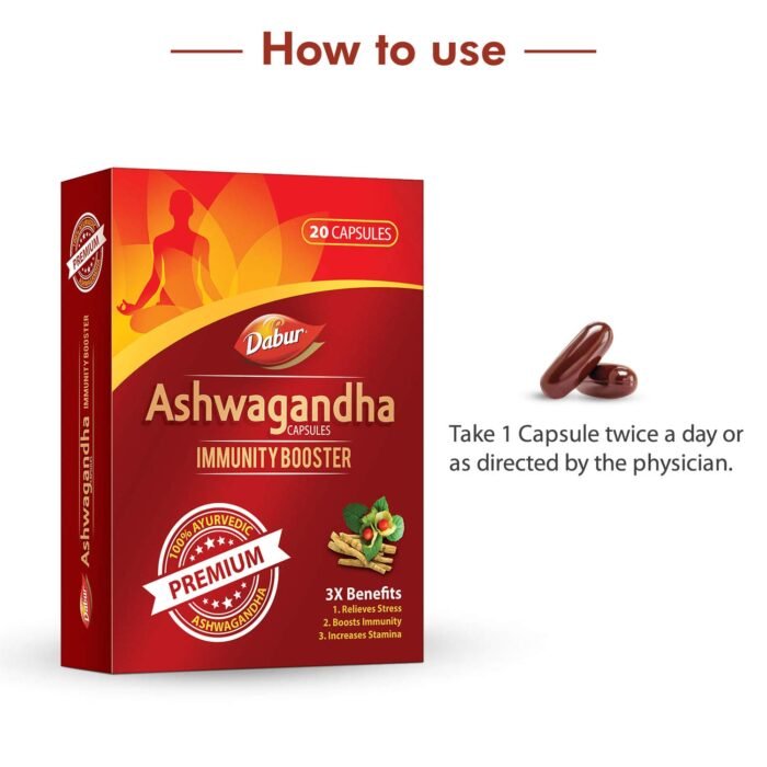 Dabur Ashwagandha Capsules Immunity Booster - 20 Capsules 100% Ayurvedic Relieves Stress & Increases Stamina