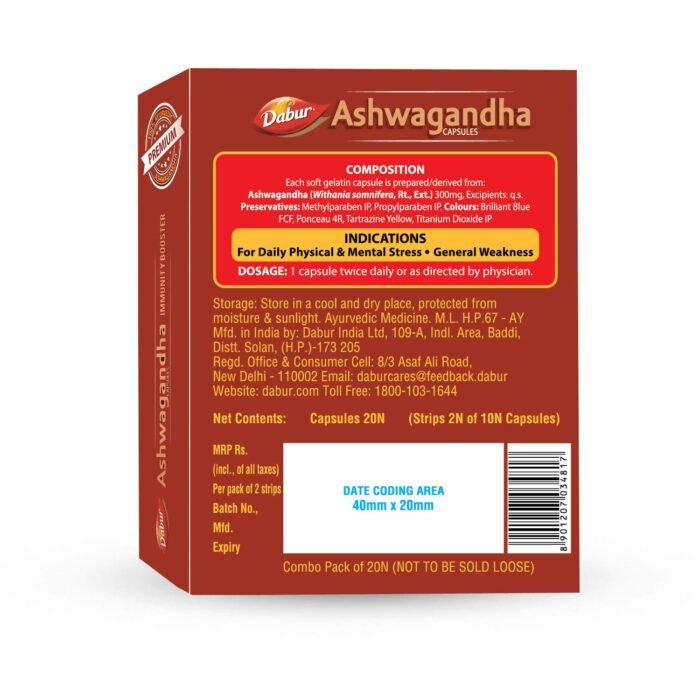 Dabur Ashwagandha Capsules Immunity Booster - 20 Capsules 100% Ayurvedic Relieves Stress & Increases Stamina