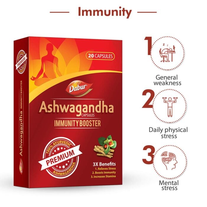 Dabur Ashwagandha Capsules Immunity Booster - 20 Capsules 100% Ayurvedic Relieves Stress & Increases Stamina