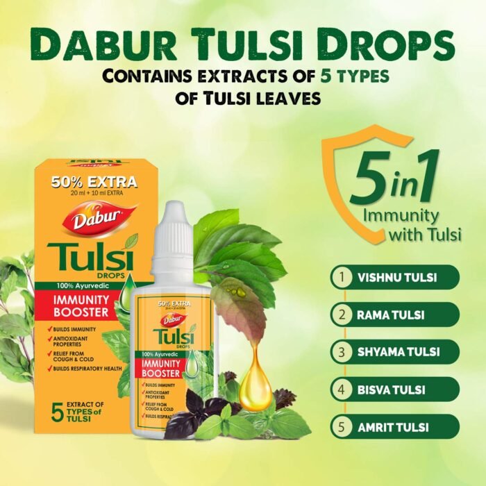 Dabur Tulsi Drops 30ml (20ml + 10ml Free) Contains Extracts of 5 Rare Tulsi Boosts Immunity Cough And Cold Relief