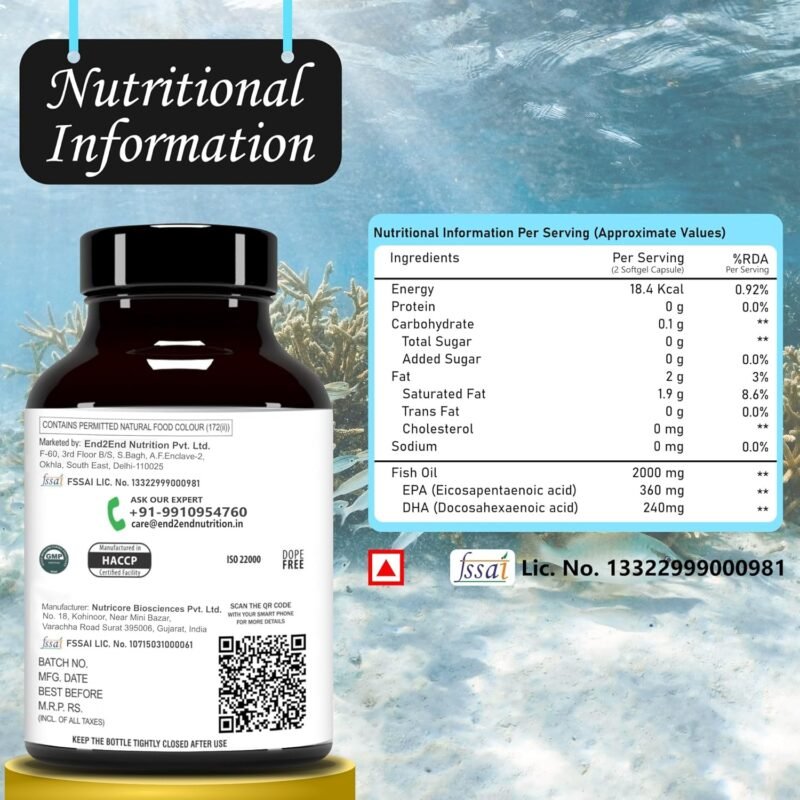 End2End Nutrition High Strength Omega 3 Fish Oil with Highest Strength 2500mg Omega 3 Per Serving (EPA 1080mg DHA 720mg) Capsules